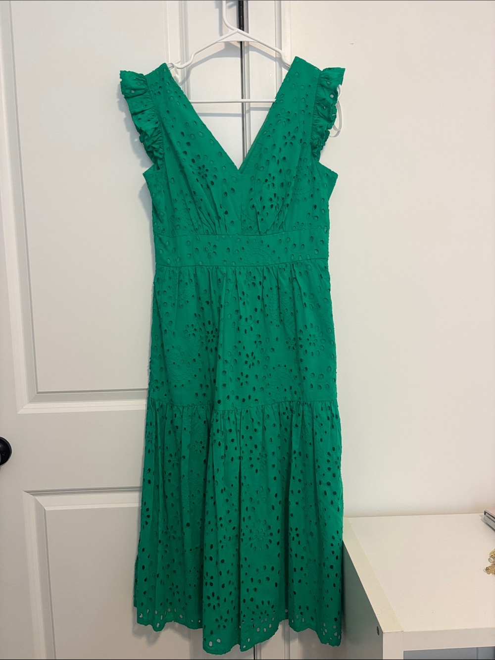 Maggy London Emerald Green Eyelet Midi Dress with Ruffle Shoulders